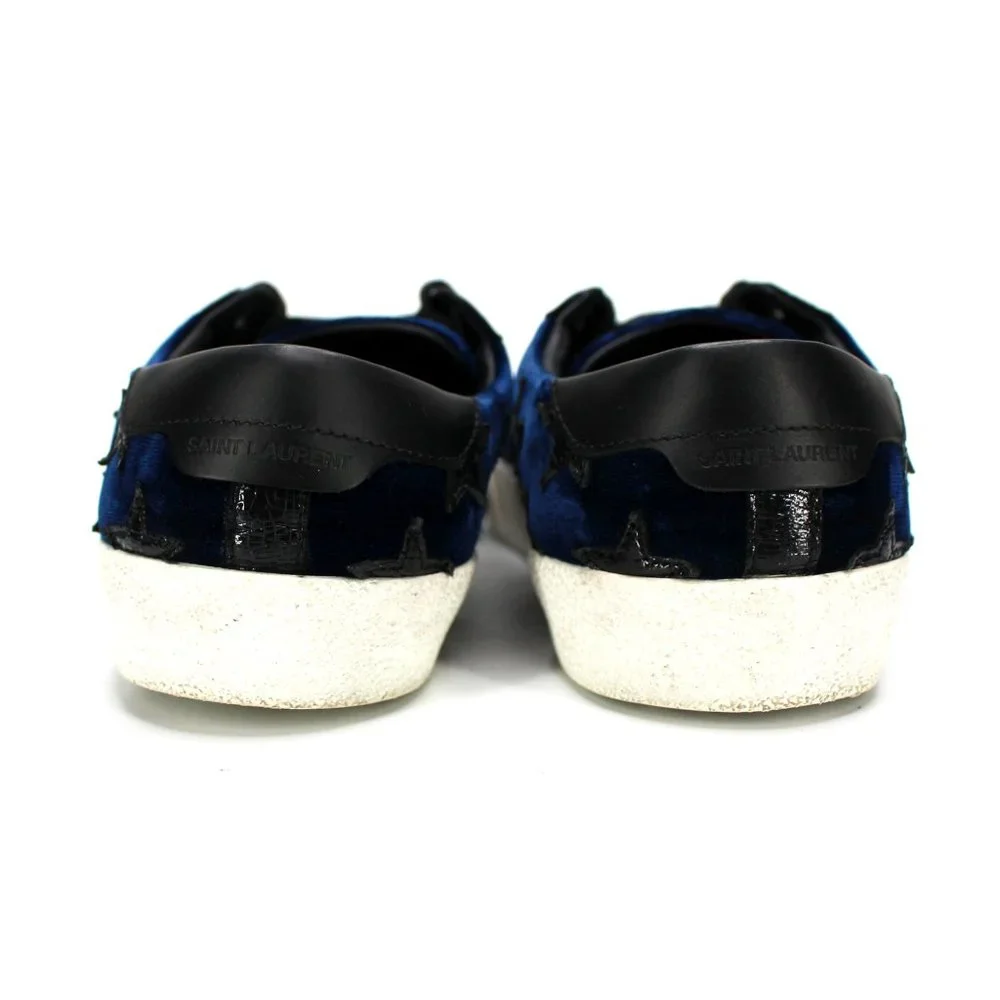 Saint Laurent Court Blue Velvet Black Leather Star Low Top Sneakers 38.5 YSL